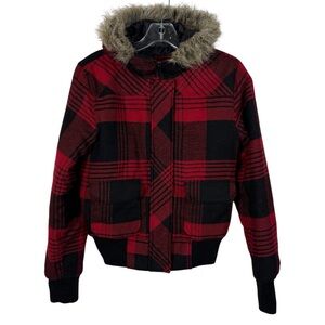 Vintage Y2K Ocean Pacific Black Red Plaid Fur Hood Bella Swan Bomber Small S